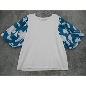 Chicos Blouse 3 US XL Floral Puff Sleeves Boho Stretch Knit Casual White Blue